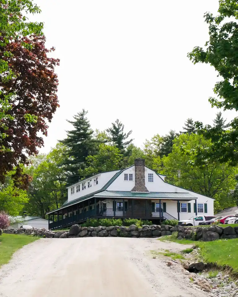 In spring, a white house with a green roof and stone chimney at the end of a dirt road, a red-leafed tree at the left